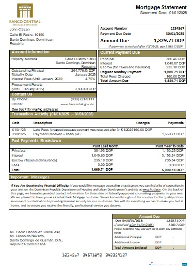 Download Dominican Republic Central Bank bank mortgage statement scr Photoshop template